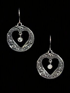 VTG 90s Didae Israel Shablool 925 Silver White Topaz Scrollwork Heart Earrings